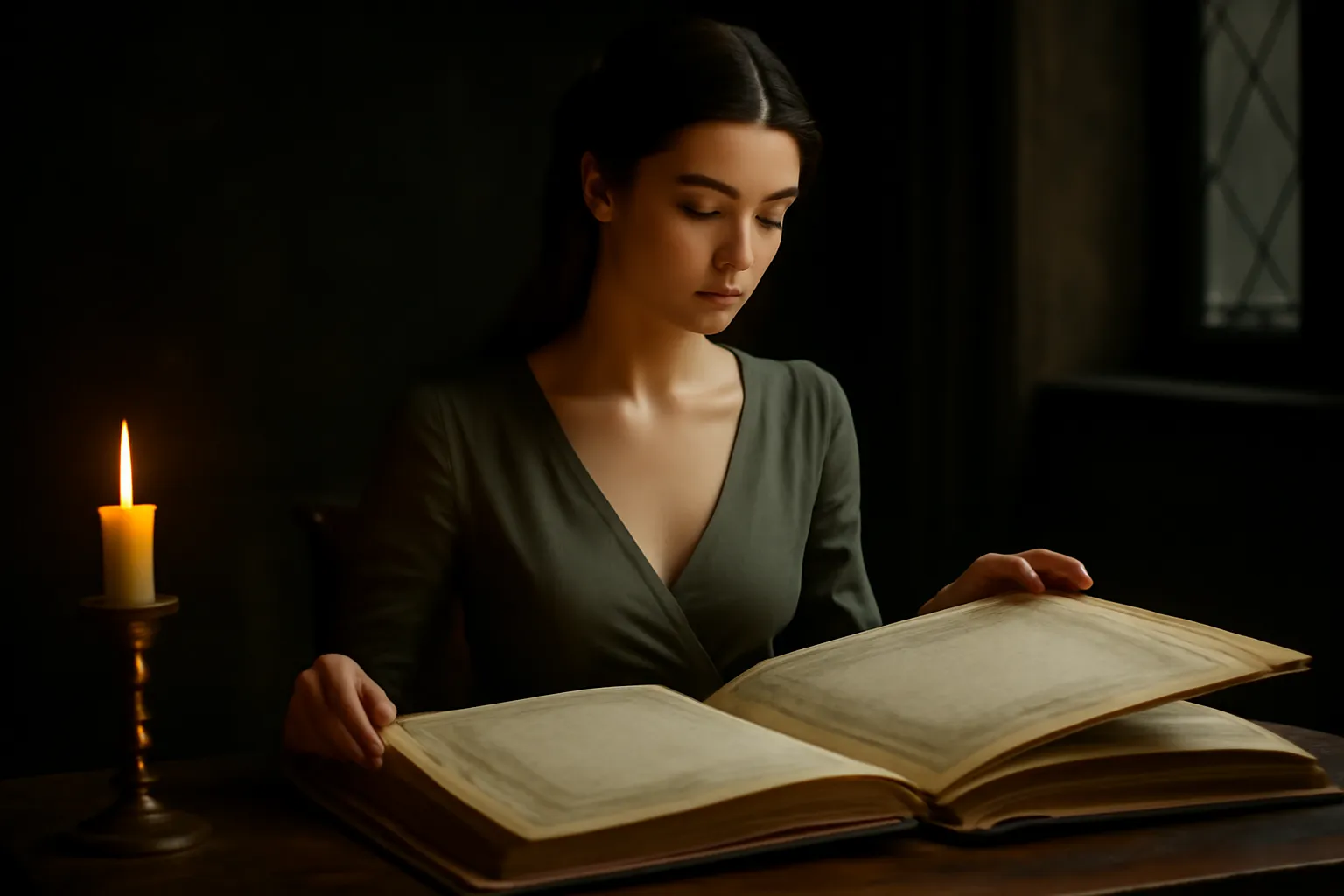 Une lectrice tournant les grandes pages d'un beau livre illustré à la lueur d'une bougie