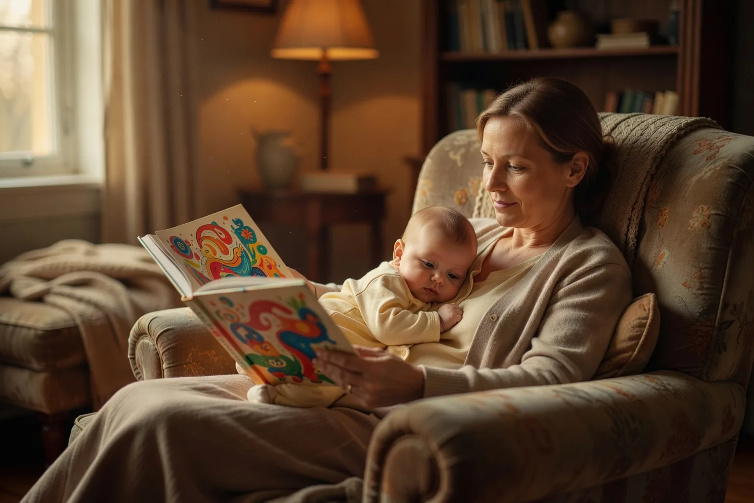 Un parent lisant un album illustré à voix haute à son bébé blotti contre lui dans un fauteuil