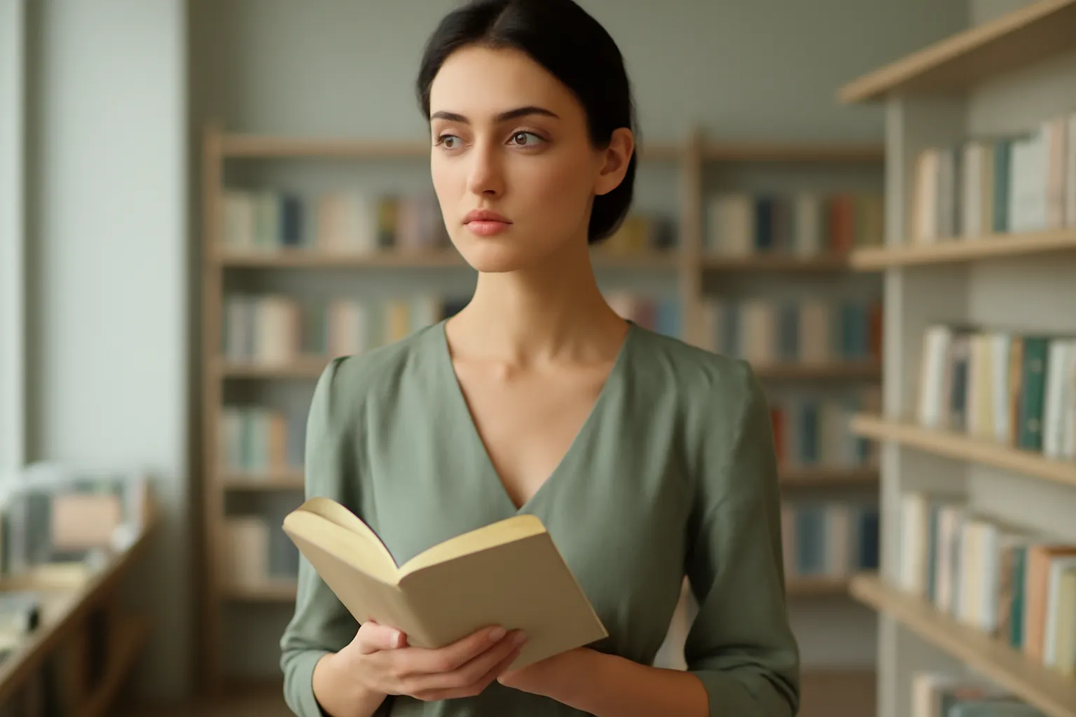 Une lectrice tenant un roman japonais contemporain dans une librairie