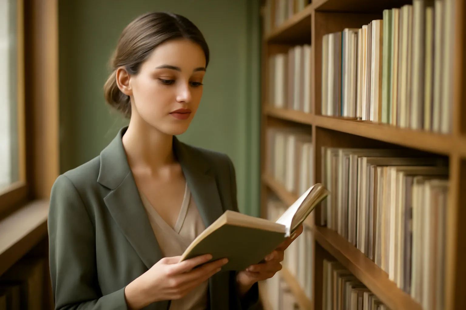 Une femme feuilletant un recueil de poésie contemporaine devant les rayonnages d'une librairie