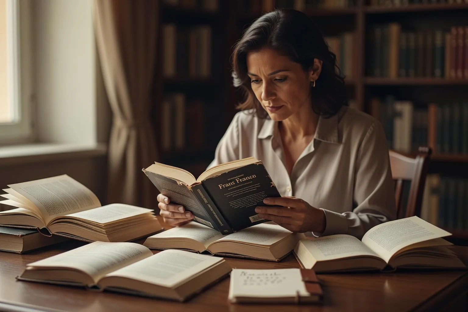 Une lectrice adulte comparant la couverture française d'un roman à son édition originale étrangère