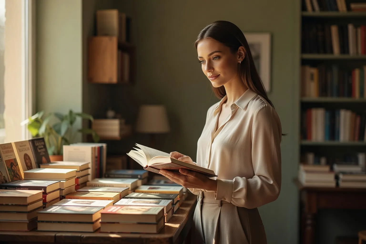 Une femme parcourant une table de premiers romans dans une librairie indépendante