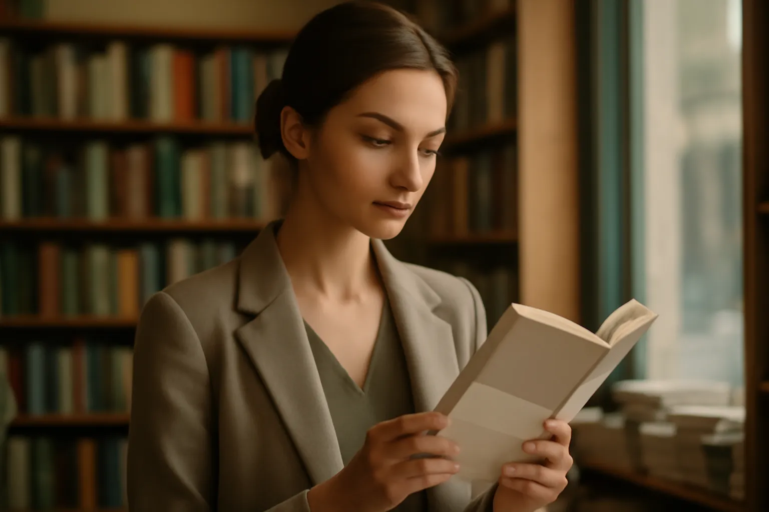 Une femme examinant un roman ceint d'un bandeau de prix littéraire dans une librairie