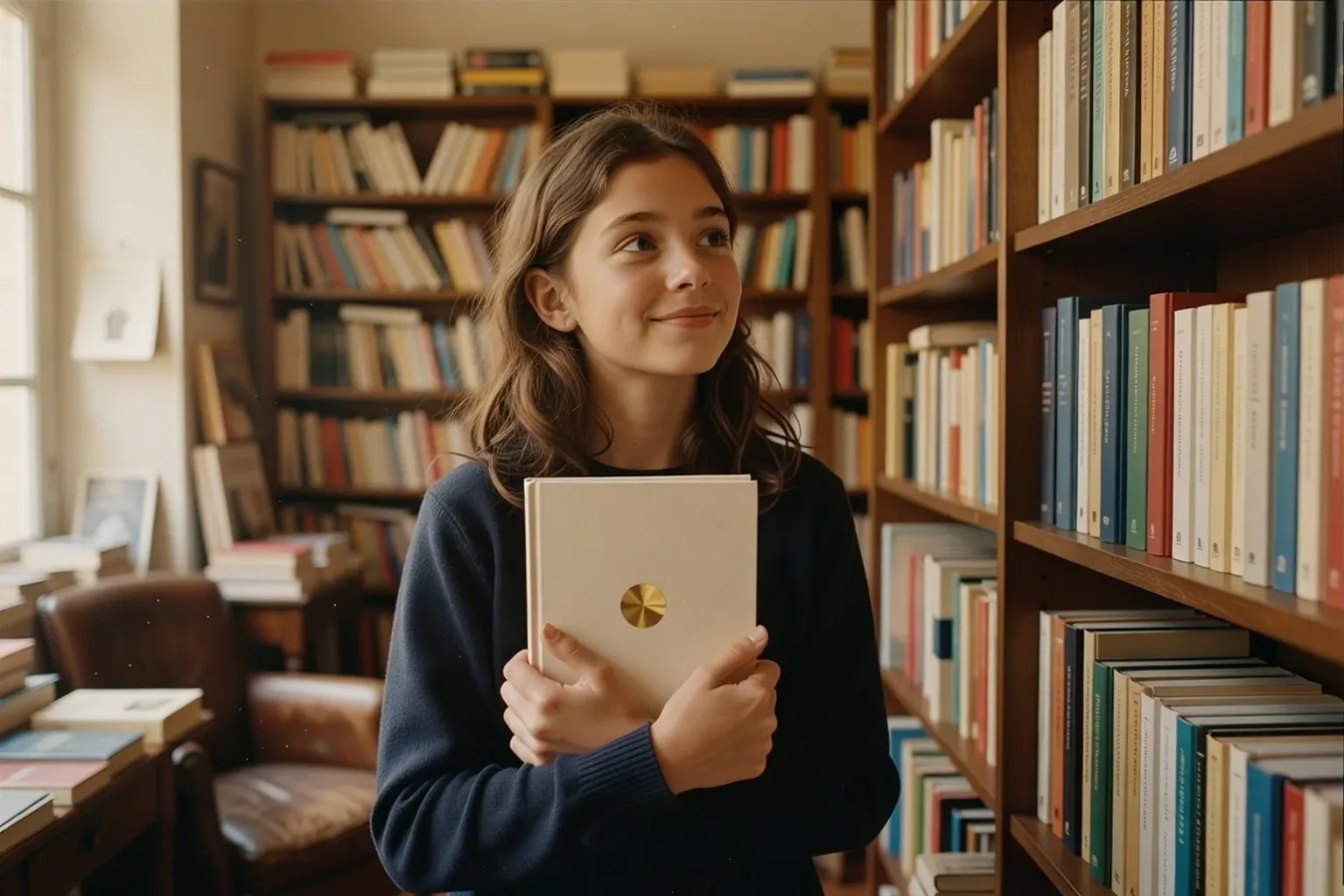 Une adolescente tenant un roman orné d'une médaille dorée dans une librairie