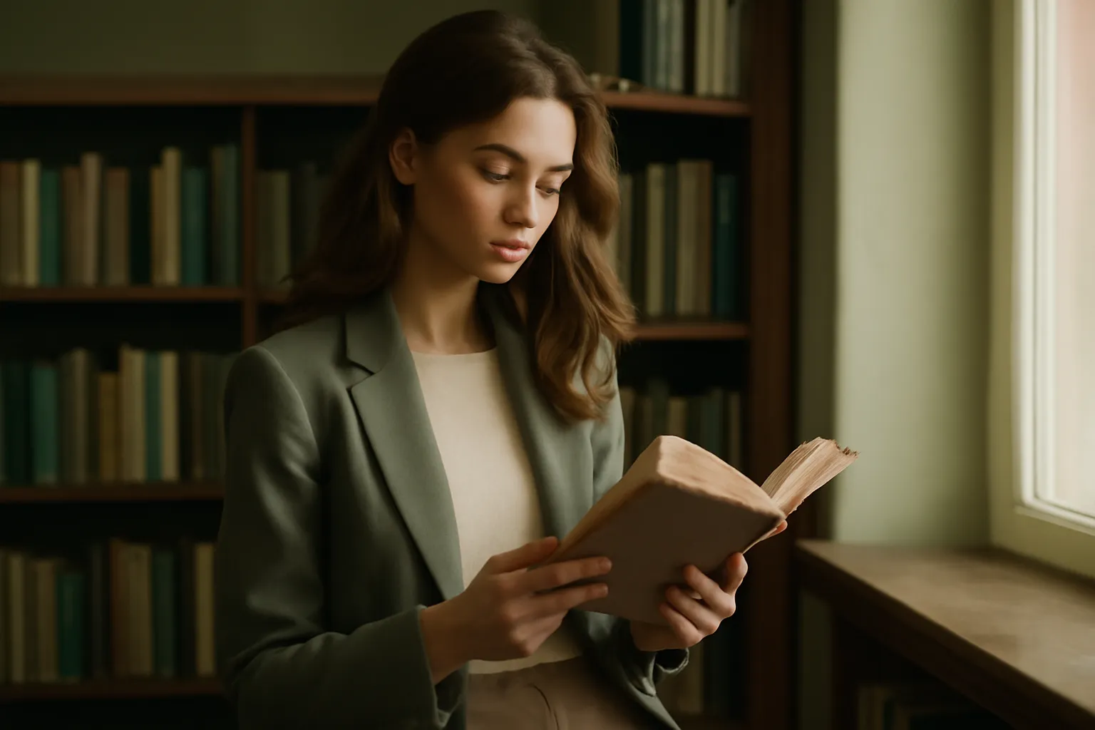 Une jeune femme adossée à une étagère de bibliothèque, absorbée dans la lecture d'un roman