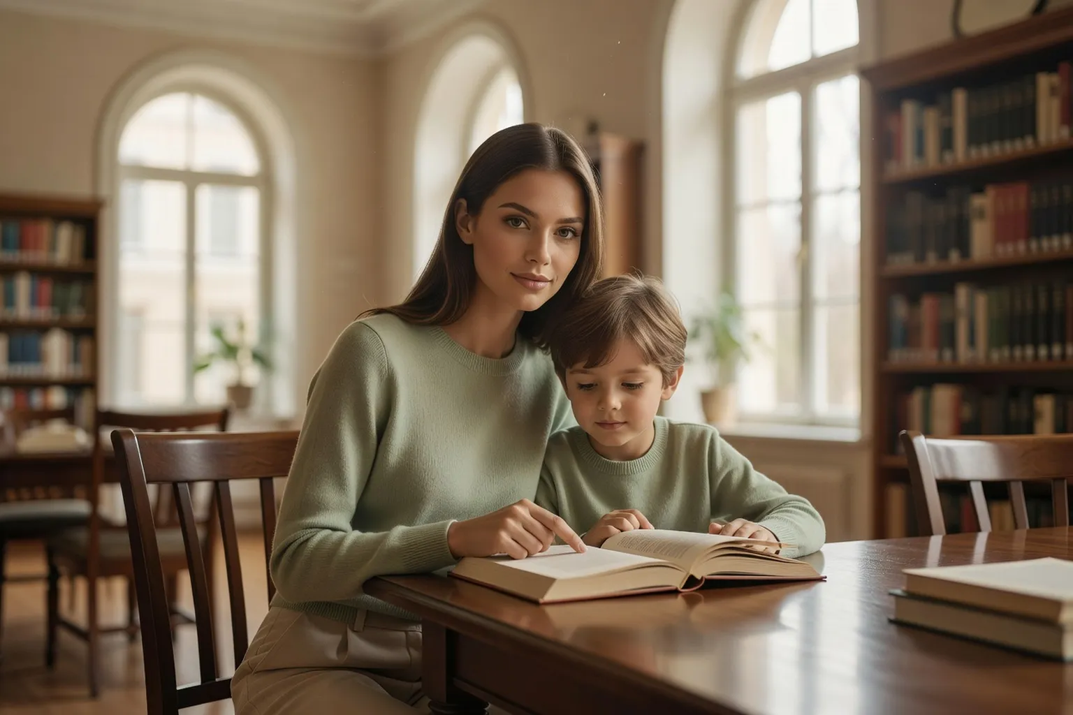 Une jeune femme lisant un roman avec un enfant, assise à une table de bibliothèque