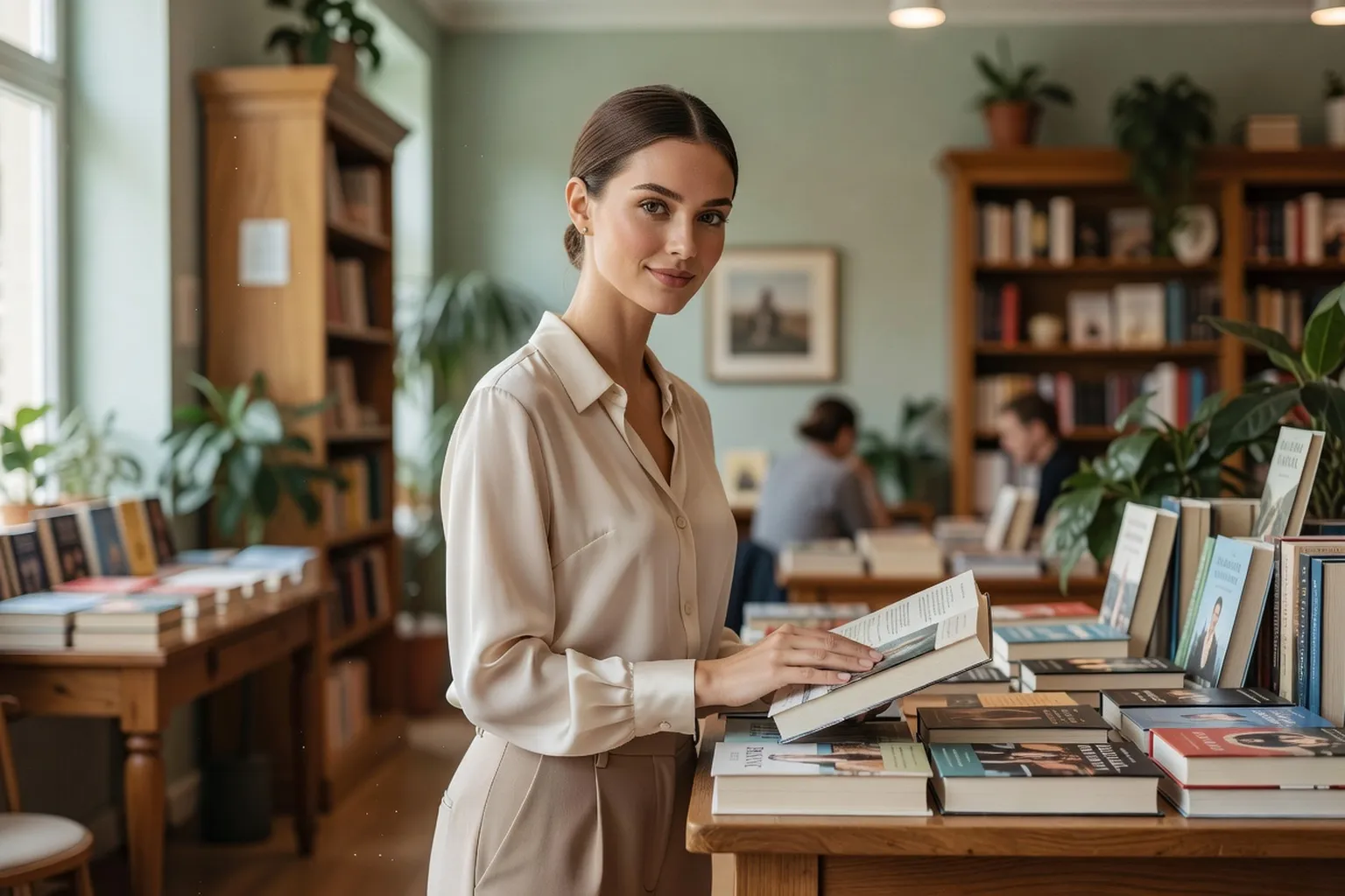 Une femme parcourant une table de nouveautes littéraires dans une librairie