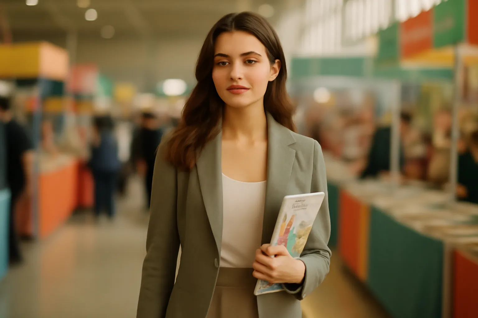 Une jeune femme parcourant les stands d'un salon du livre jeunesse, un album à la main