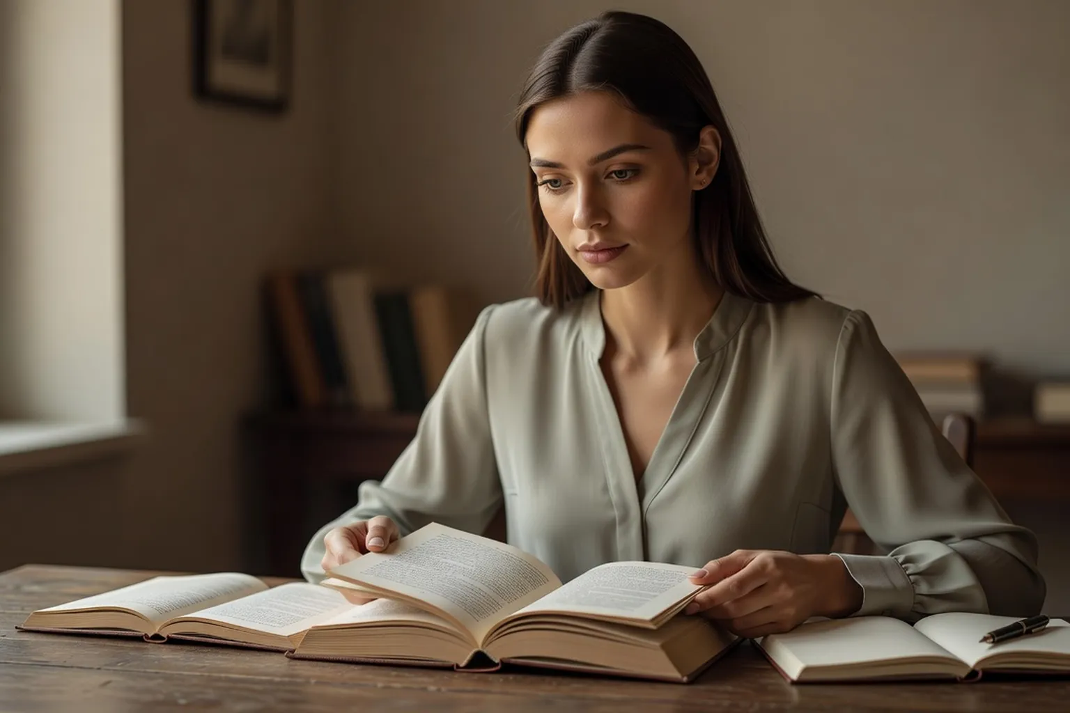 Une femme comparant deux traductions d'un même roman, assise à une table de travail